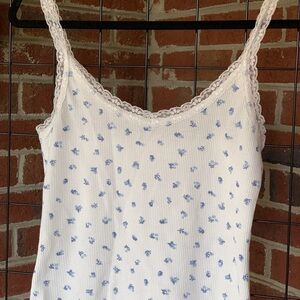 Pink Rose Cream Ribbed Cami with Blue Floral Detail